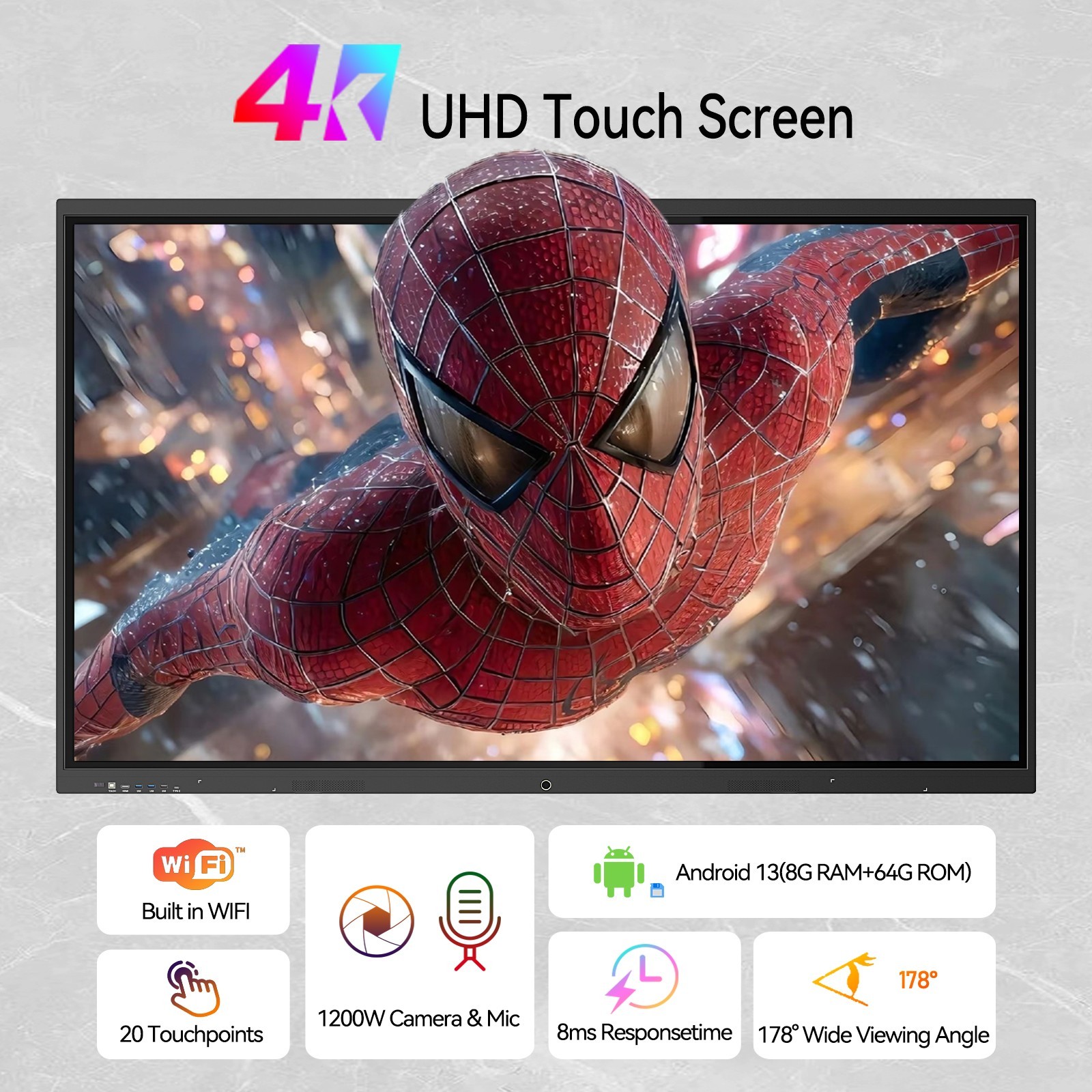65 Inch 4K UHD Smart Board, Interactive Digital Whiteboard, 20-Point Touchscreen