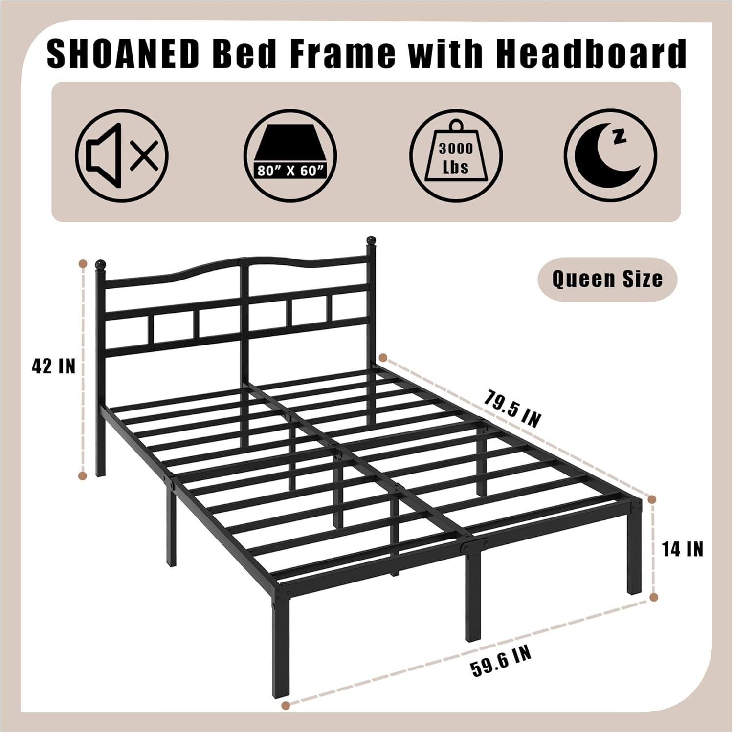 Queen Size Platform Bed with Headboard and Metal Frame-Queen Size - Color: Black
