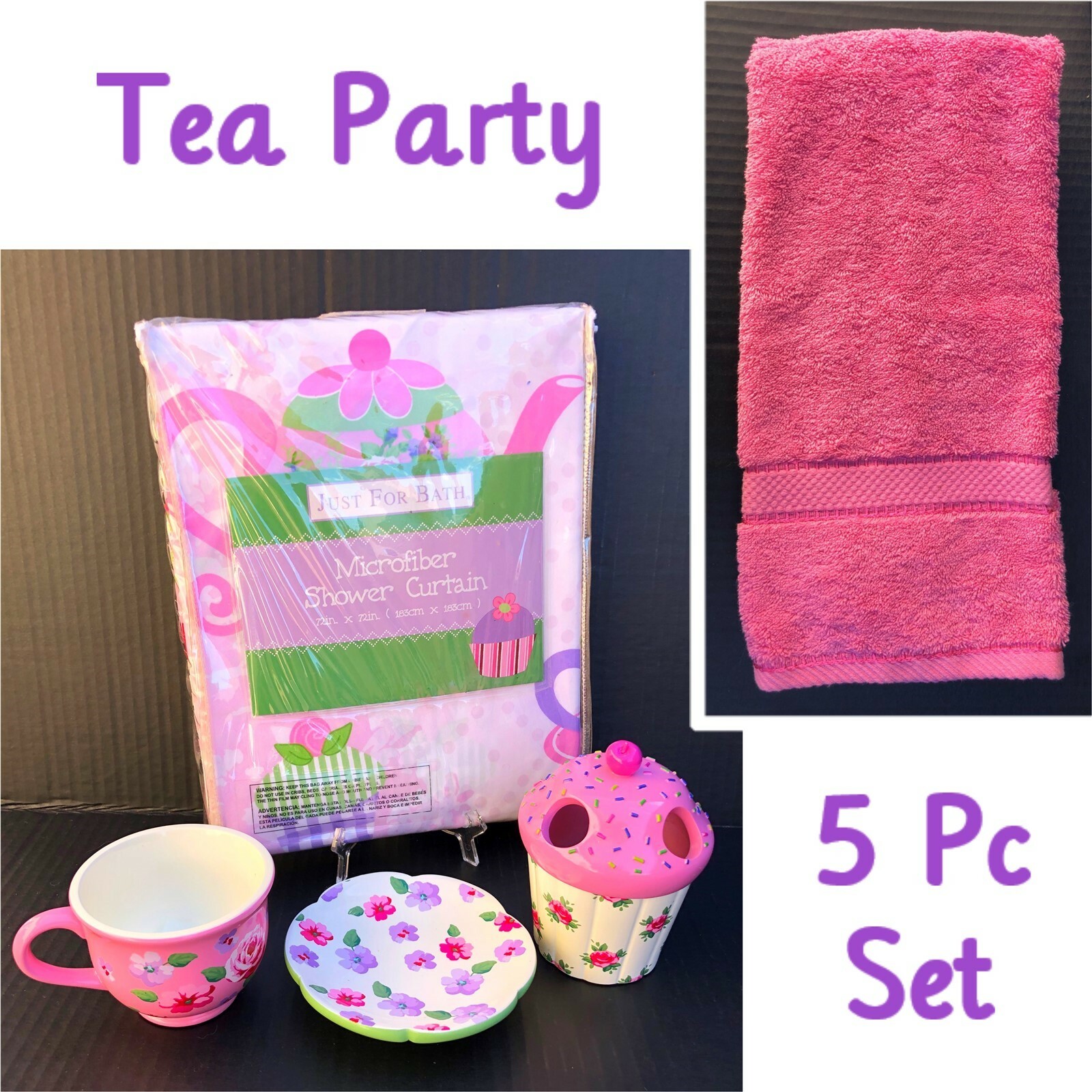 Tea Party Bath Set: Shower Curtain~Cup~Soap Dish~Toothbrush Holder~Hand Towel