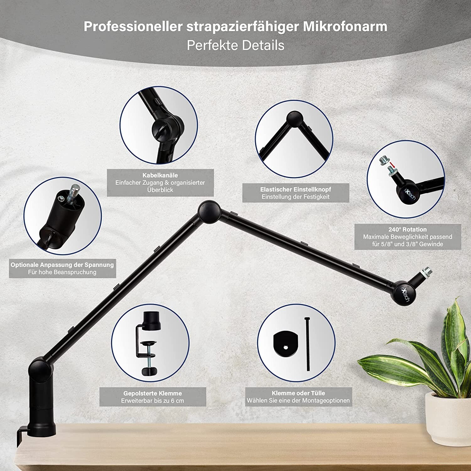 IXTECH Boom Arm-Adjustable 360° Rotatable Microphone Arm-Sturdy Stainless Steel