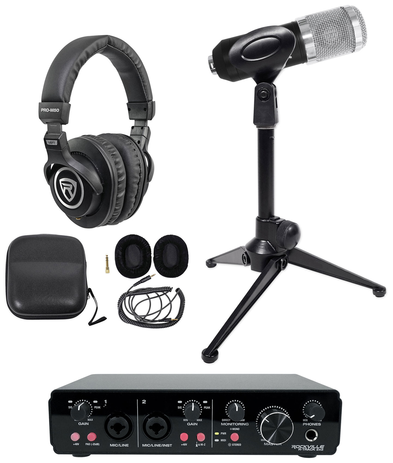 Rockville R-TRACK 2x2 1-Person Podcast Kit w/ RCM01 Microphone+Stand+Headphones