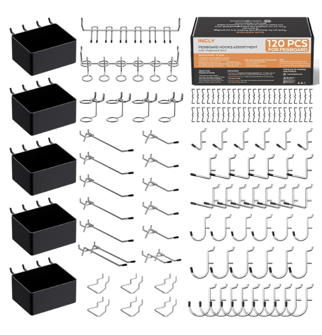 120PCS Pegboard Accessories Organizer Kit, Peg Board Hooks Assortment with Bins