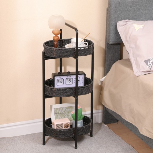 Small Handwoven Side Tables 3-Tier Oval Organizer Portable Storage Shelf