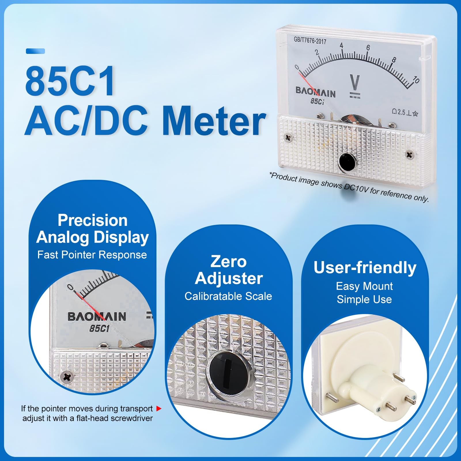 Baomain Analog Voltmeter 85C1 DC 0-500V Rectangle Volt Panel white