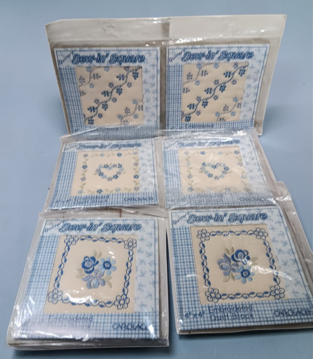 Sew-In Quilting Squares Embroidered Blue Flowers on Muslin 5"x5" 6 pc