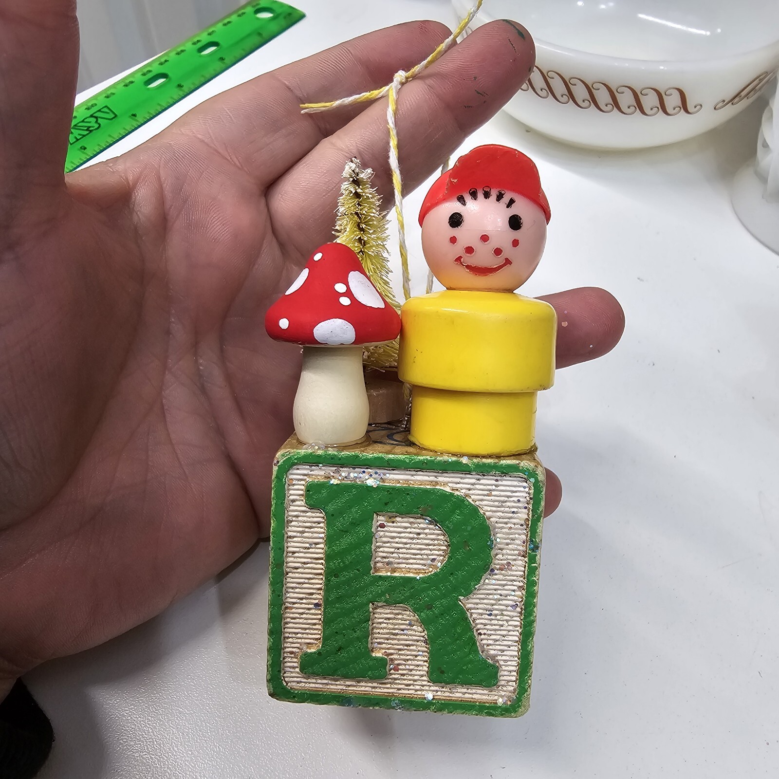 Vintage building block Fisher Price Little People Christmas Ornament Letter R