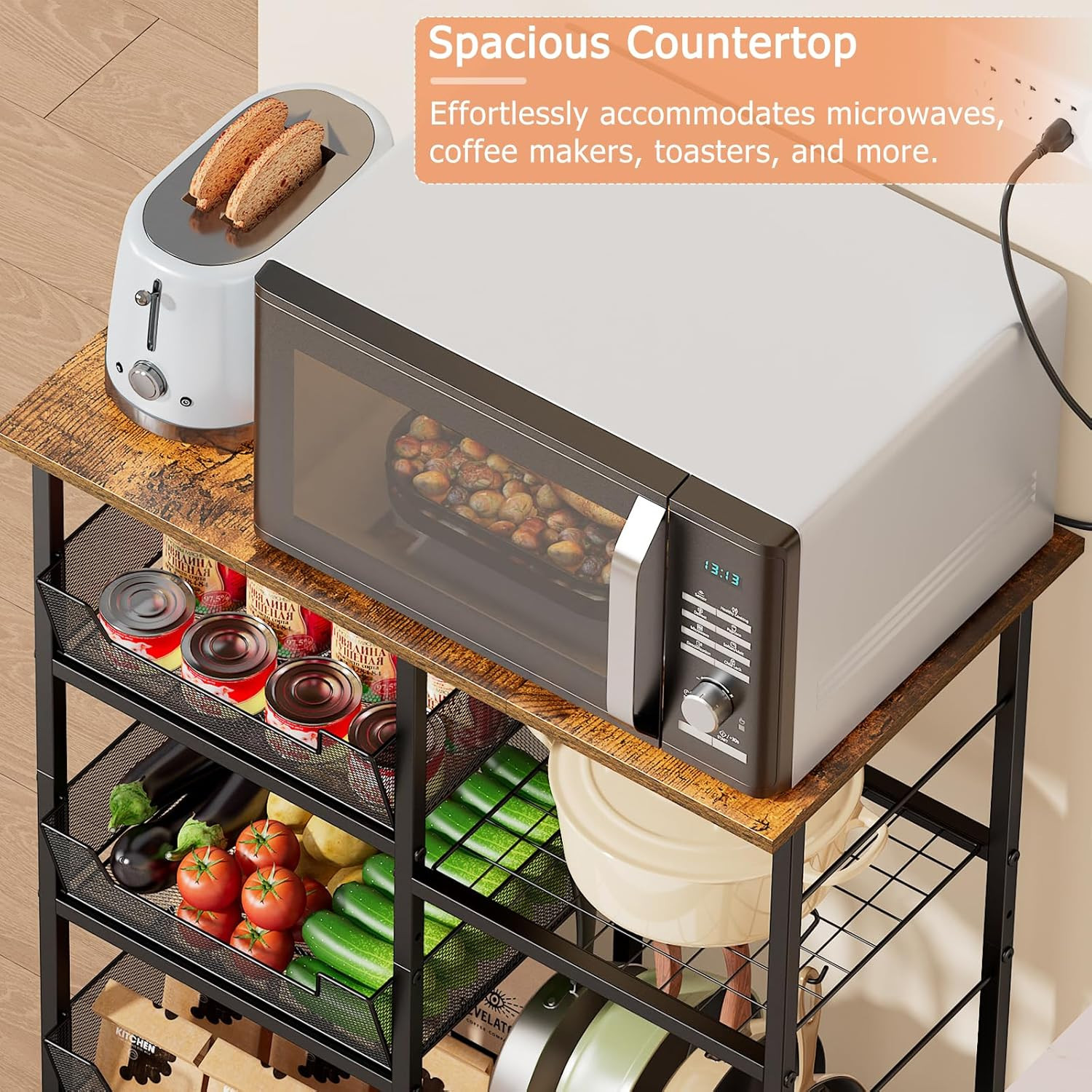 Rolling Kitchen Storage Microwave Cart, Kitchen Island with Adjustable Shelf on