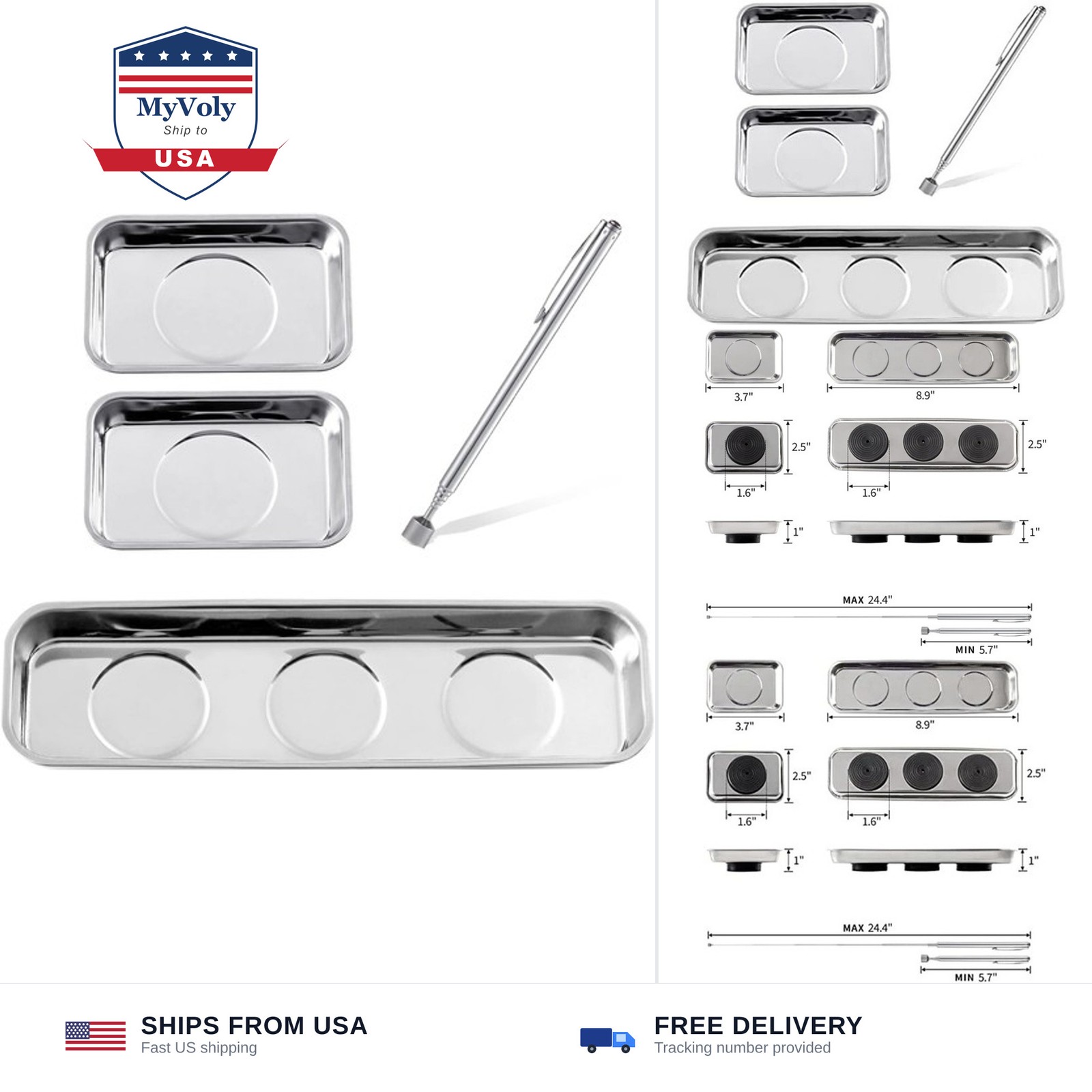 3 Pieces Magnetic Trays with 5LBs Telescoping Magnetic Pick-up Tool Set, 8.9"...