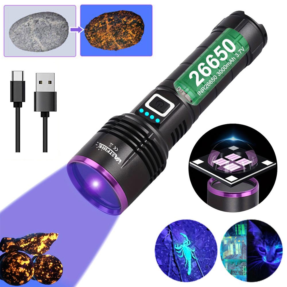 365nm UV Light Work LED Flashlight urine scorpion Detector Torch USB Charging