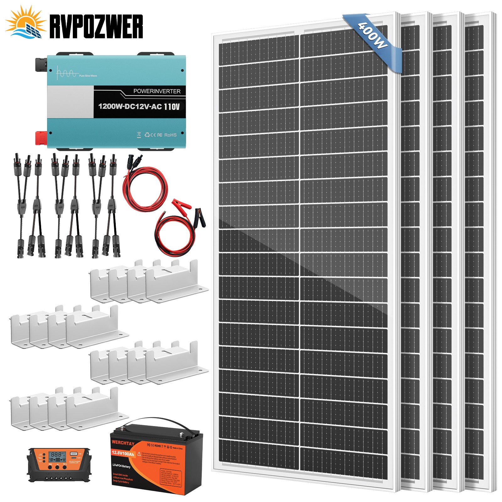100W 200W 400W 12V/24V Mono Solar Panel Cell RV PV Home Off Grid 1200W inverter
