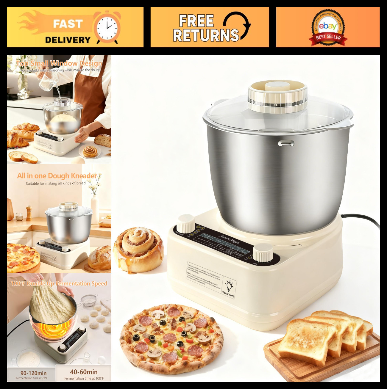 5.3QT Electric Dough Kneader with Timer & Fermentation - Hands-Free Mixer for Br