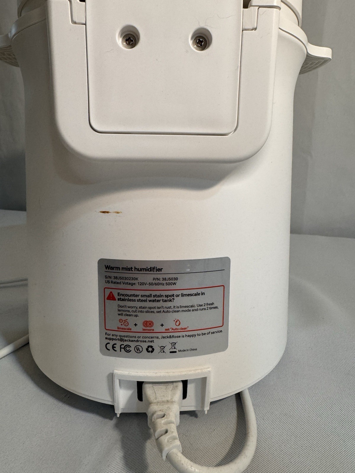 Jack&Rose Warm Mist Humidifier Model 38J5030