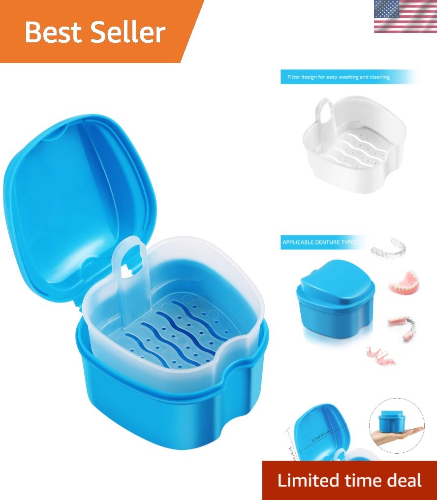 Compact Blue Denture Storage Case with Drain Basket - Perfect for Retainers