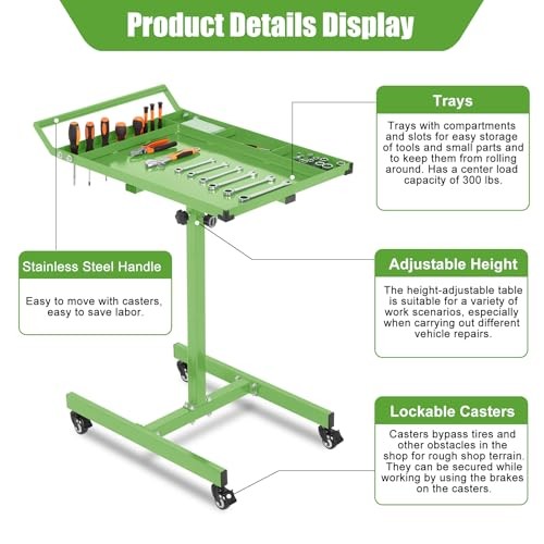 Rolling Tool Tray with Wheels, Adjustable Height Mobile Work No Drawer Green