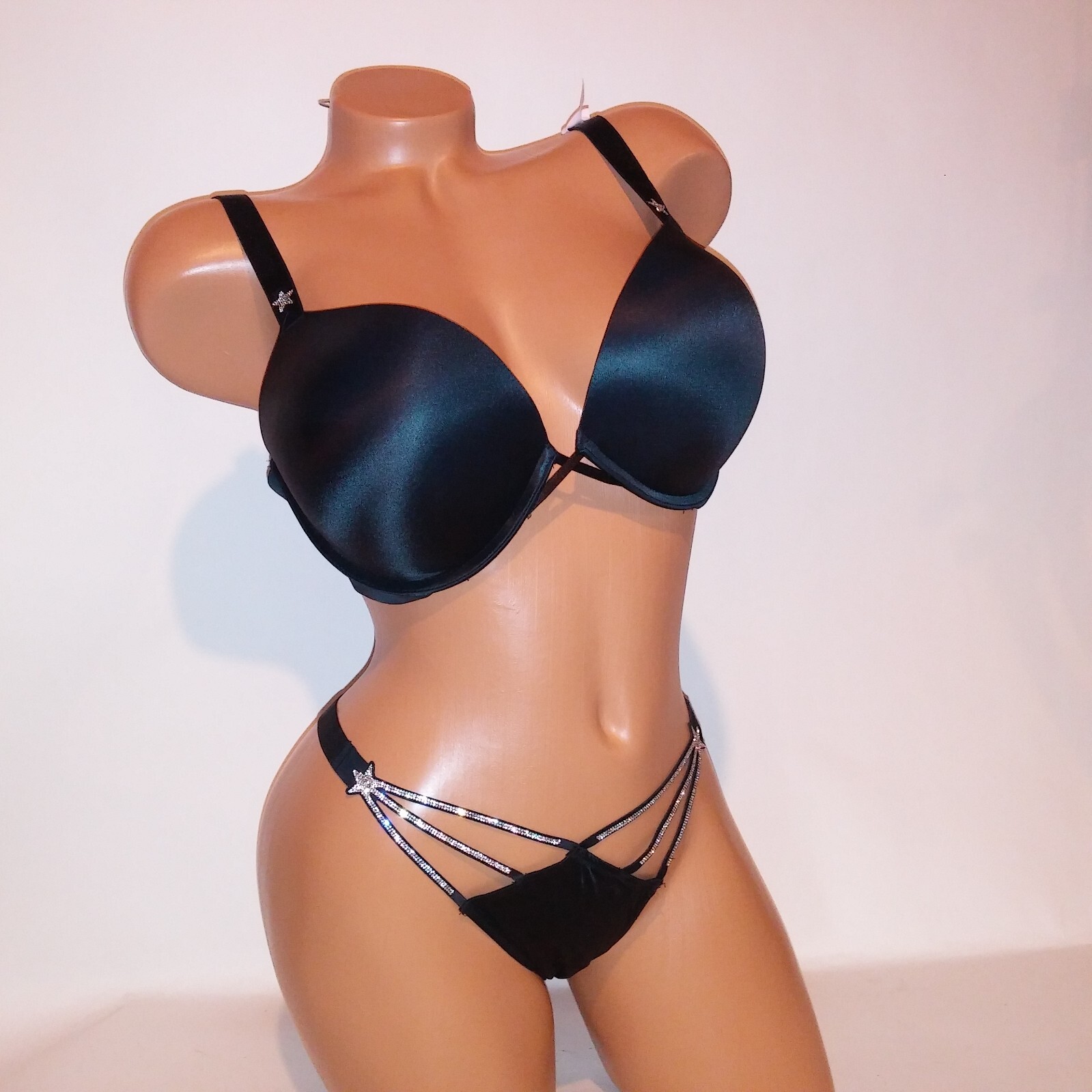 Victoria Secret Bra Set 36D Bombshell Push Up Medium Panty Stars Black Shine New