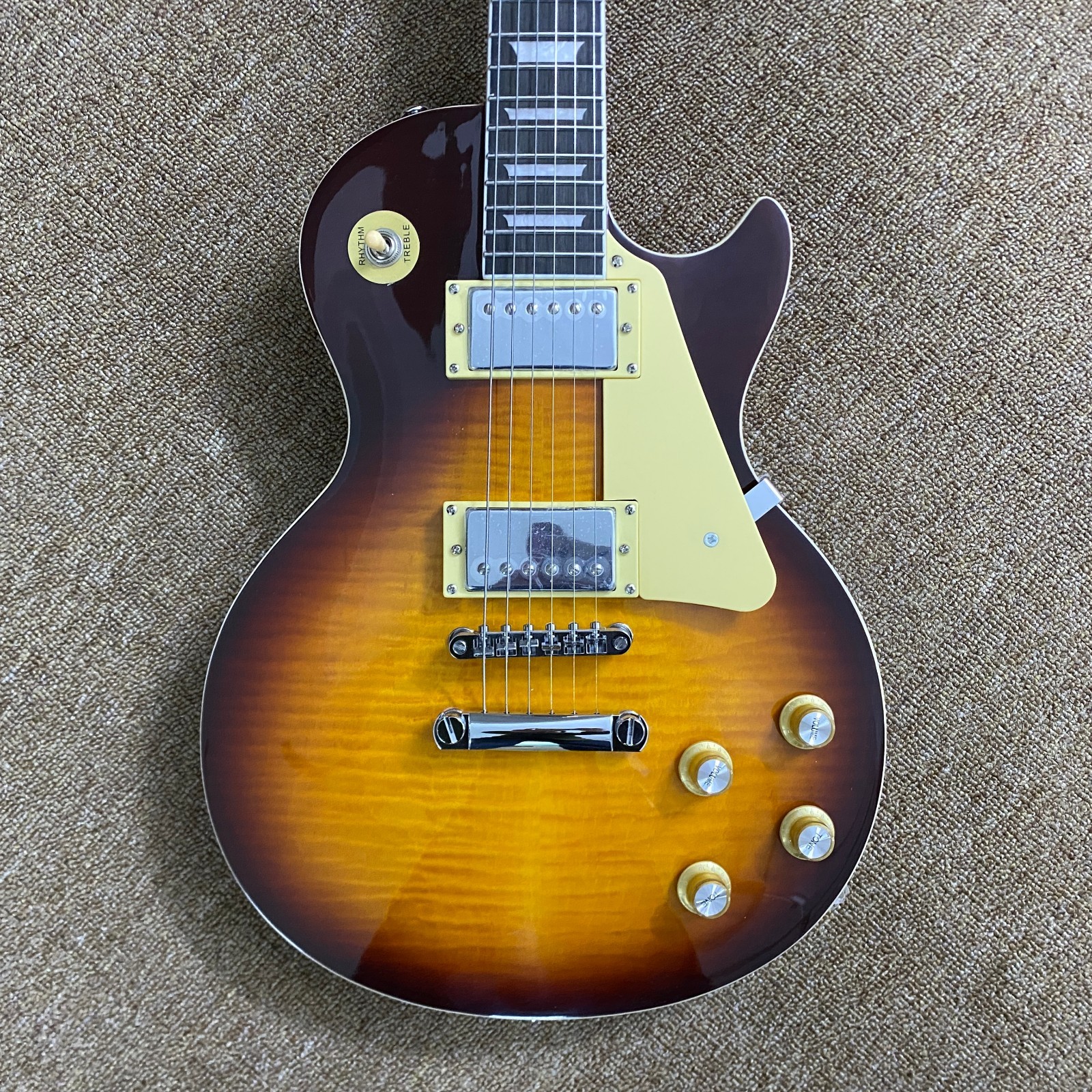 Low-price sale of LP electric guitar, chrome hardware, flame maple top, 22 frets