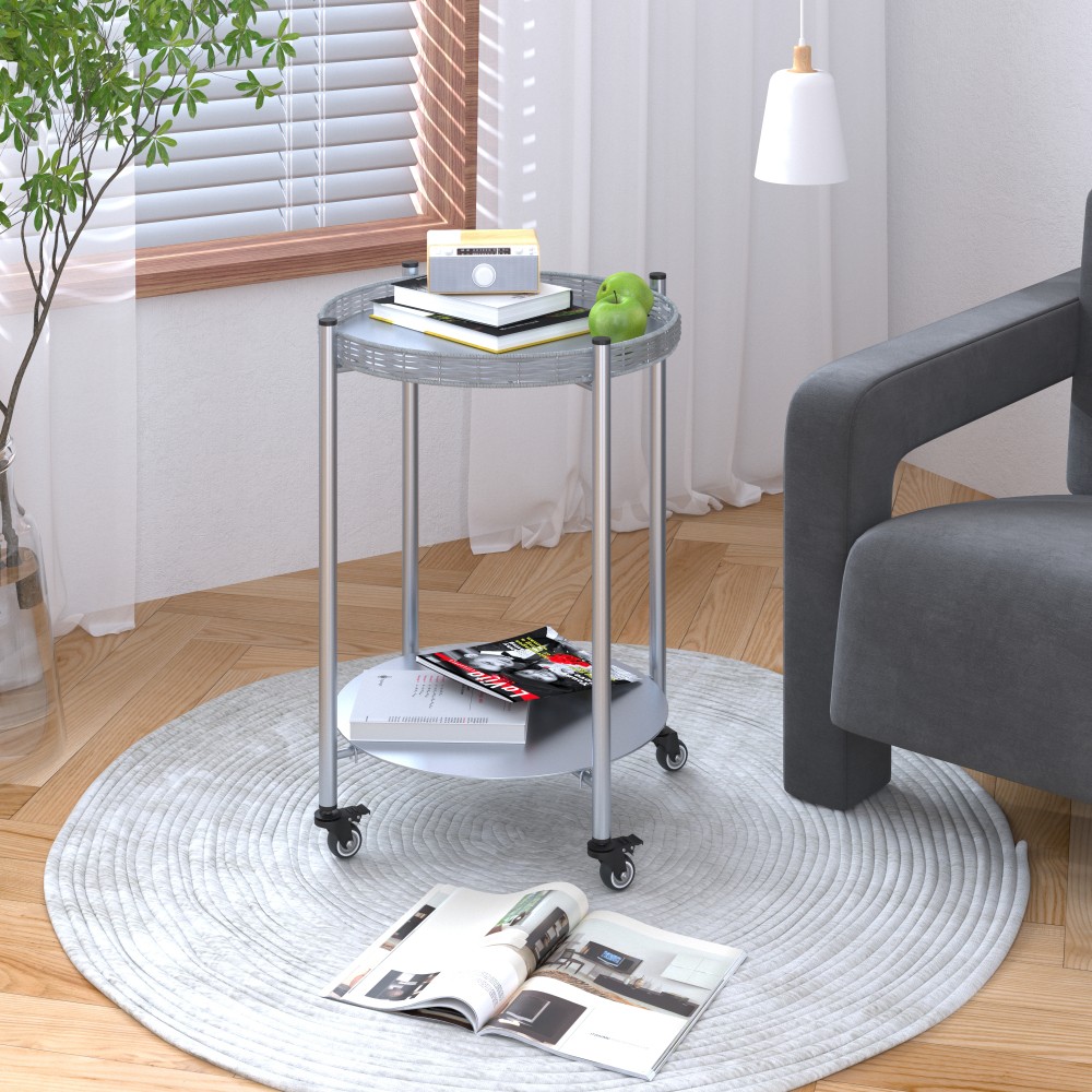 Round 2-Tier Rolling Side Table, Silver Gray Metal w/ Wheels for Bedroom