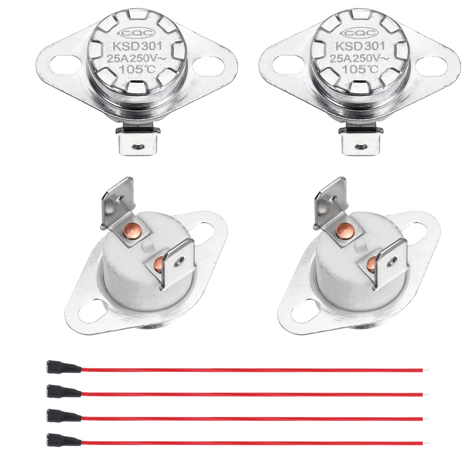 2 Pcs KSD301 Thermostat 105°C/221°F 25A N.C with Terminal Wire