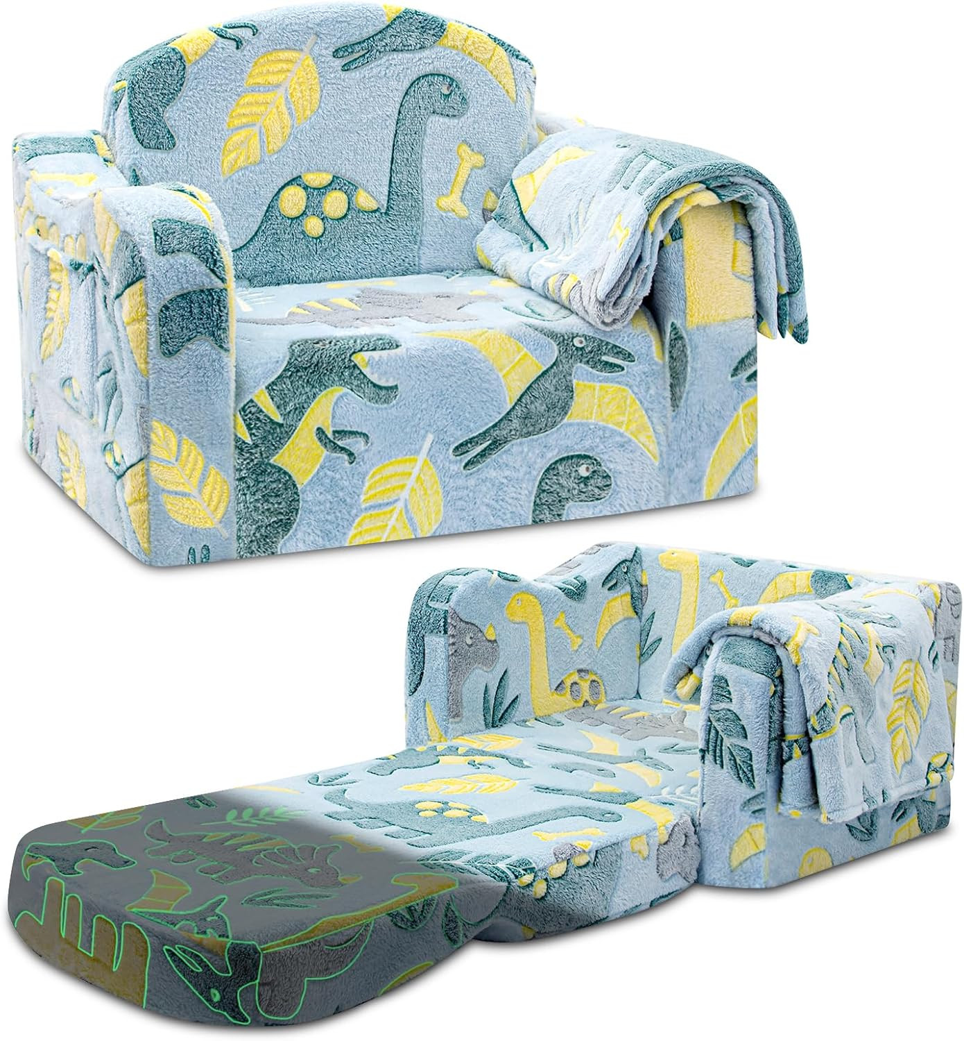 Comfy Toddler Chair and Couch for Kids with Blanket,2-In-1 Soft Plush Fold Out T