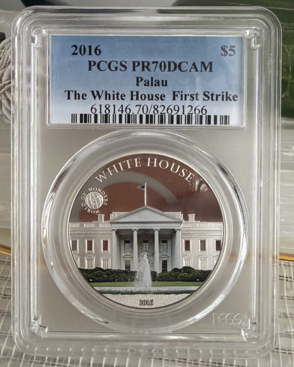 2016 Palau Large  Proof Color Silver $5 White House PCGS PR70DCAM First Strike