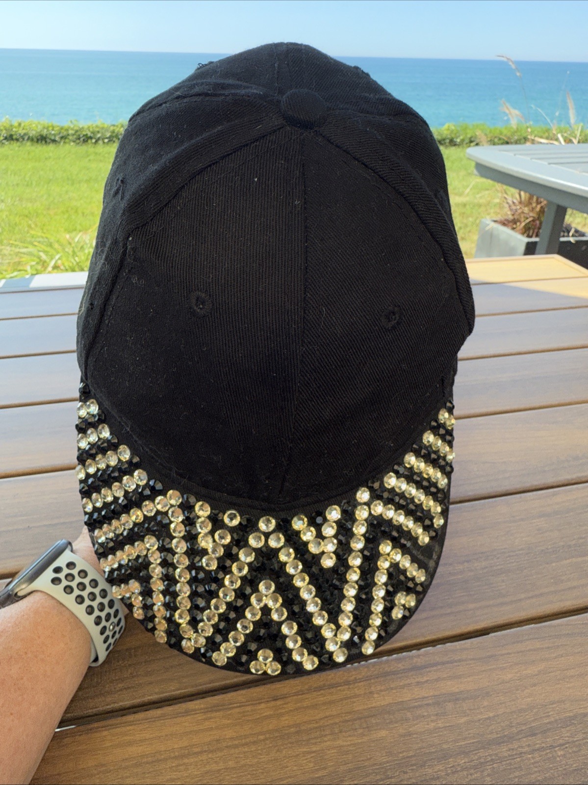 Rhinestone Black Baseball Type Hat Cap Gold and Black Sparkle Hook Loop Cotton