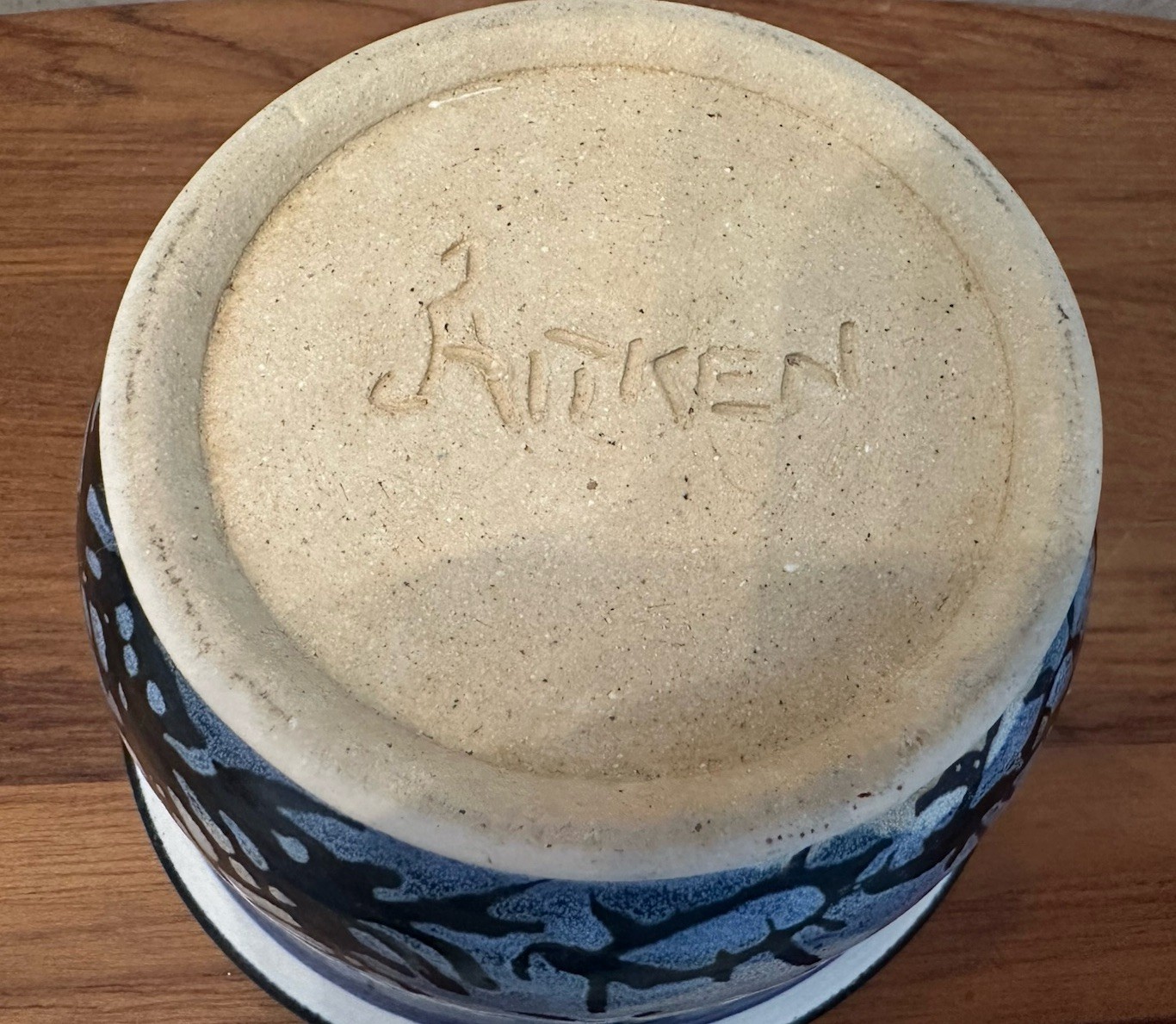 Studio Pottery Bowl Signed Hitken Mountain Landscape Blue Black Rustic 6”