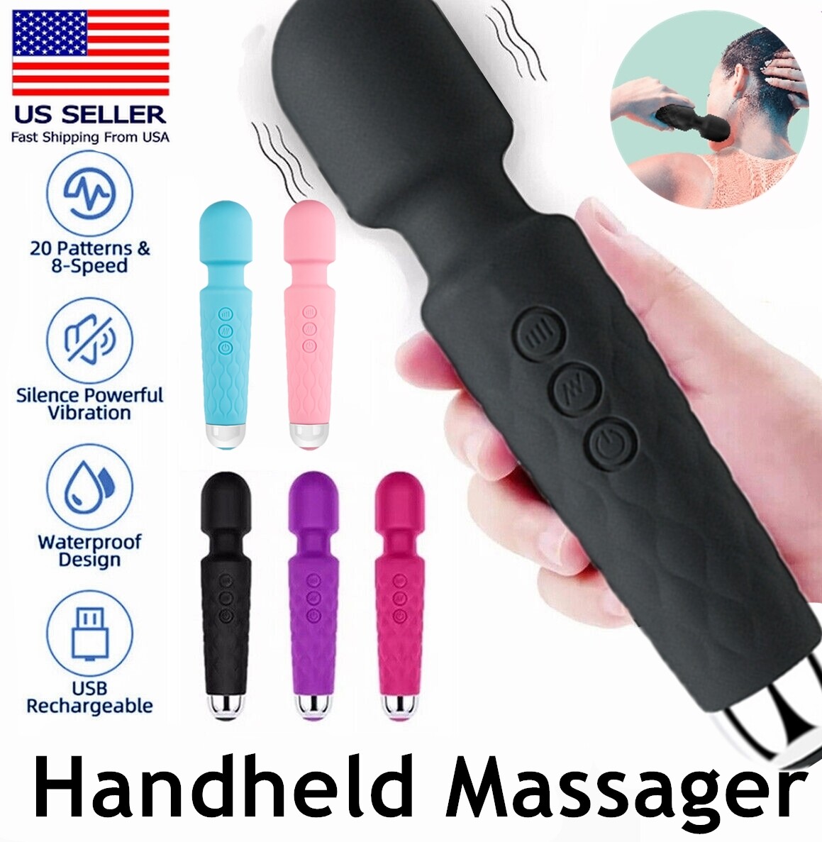 Rechargeable Handheld Massager Vibrator 5 colors 20 Speed Wand Massage Vibrating