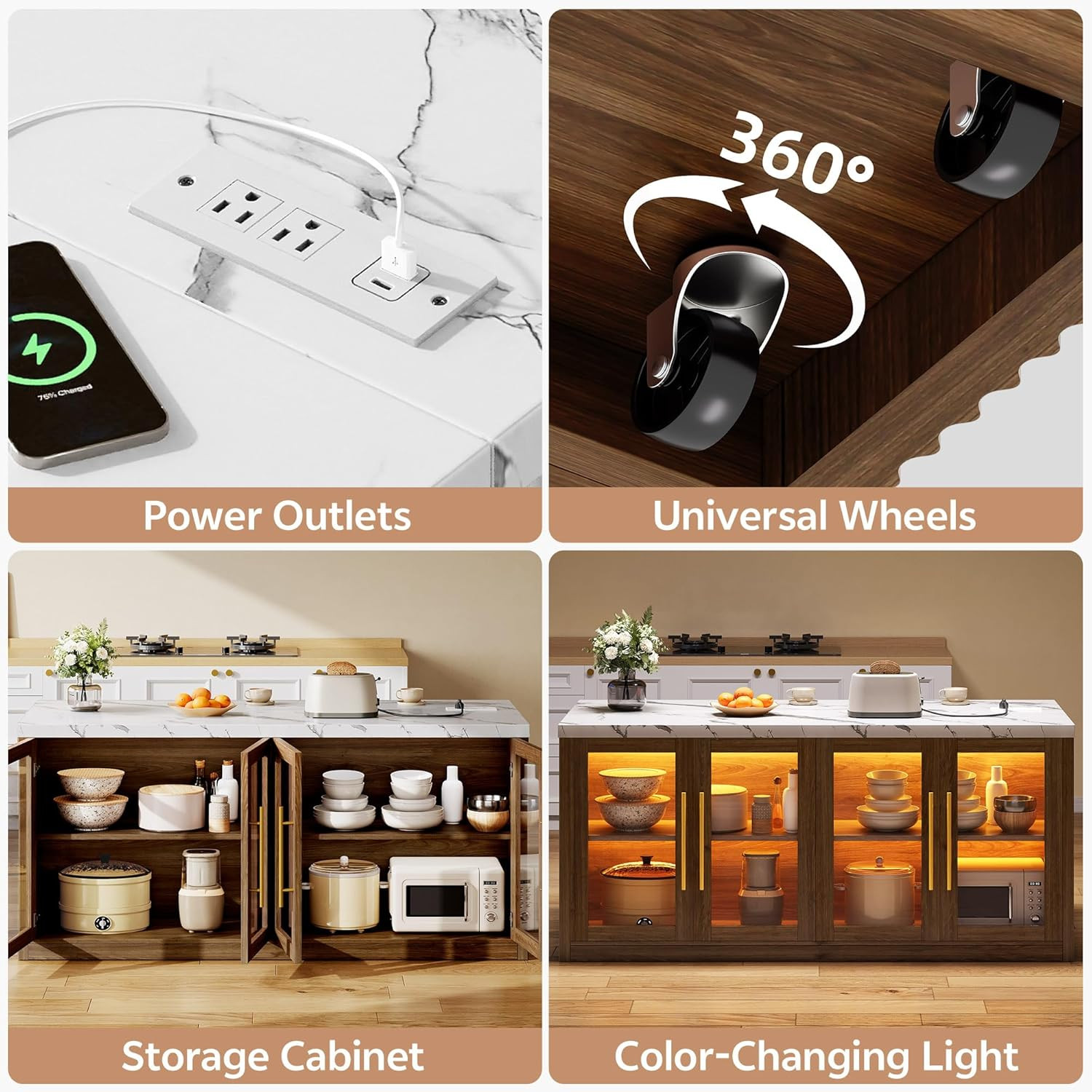 Walnut Kitchen Island with Storage & LED Light, 55" Rolling Breakfast Bar