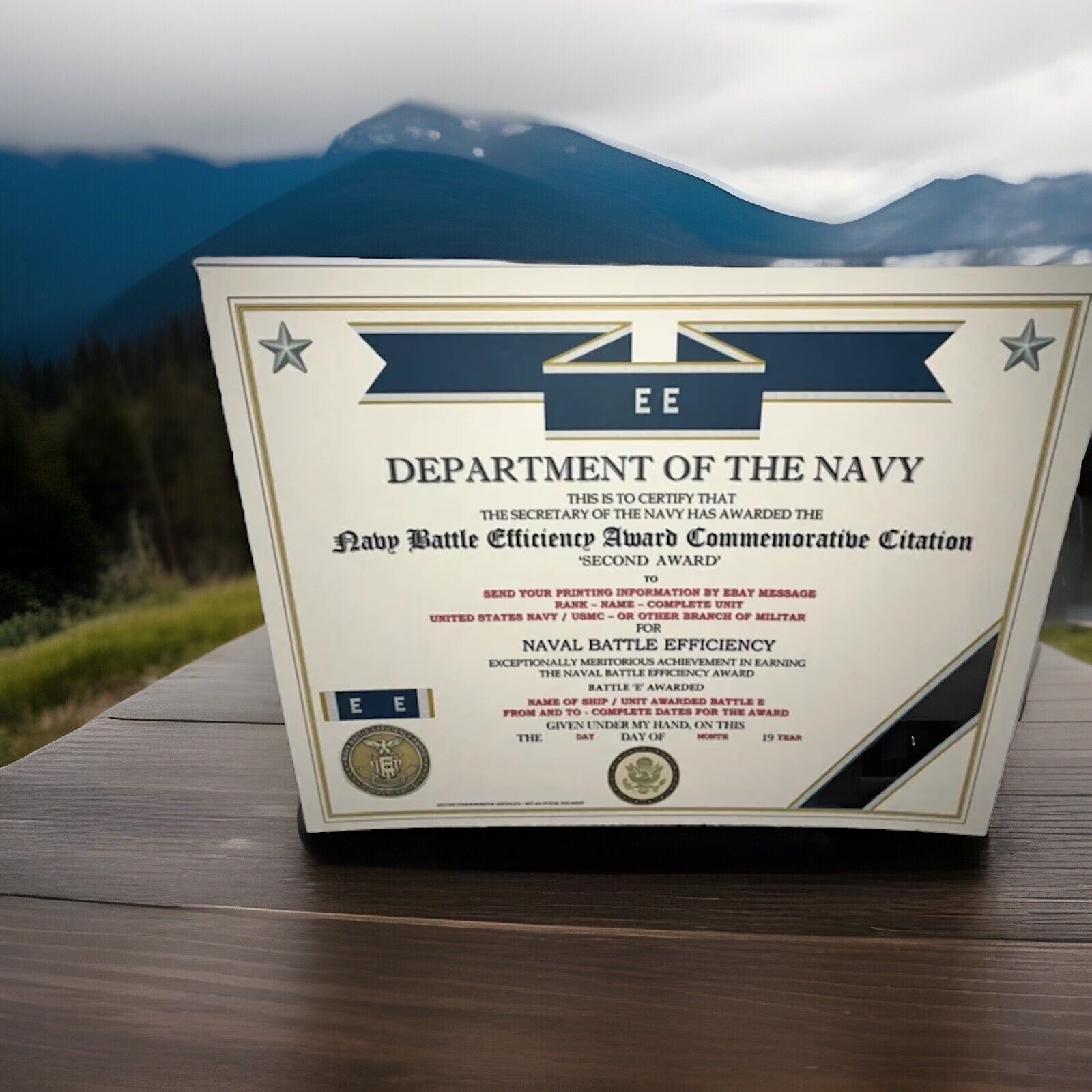 NAVY BATTLE E CITATION~2ND AWARD COMMEMORATIVE CERTIFICATE ~ TYPE-2 / W/PRINTING