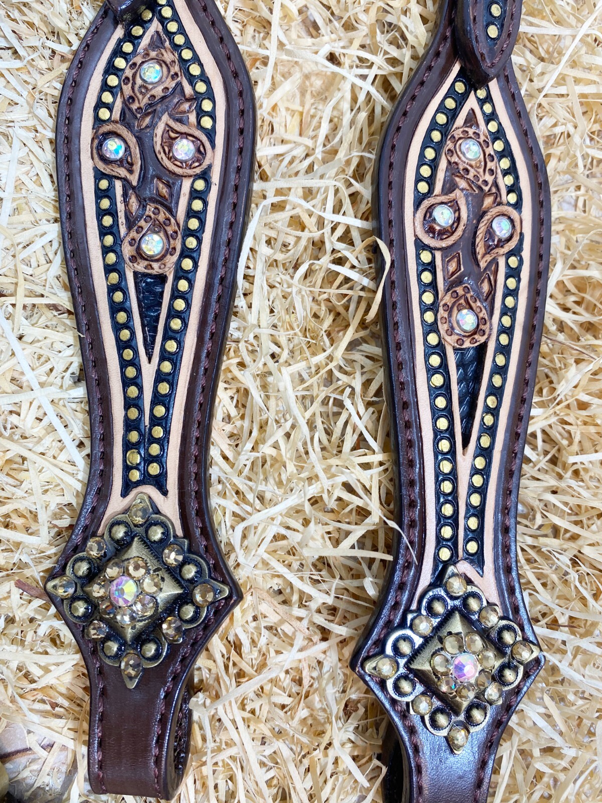 Western Leather Headstall Set Horse Decorated with Paisley Carving Gifts MOUSM