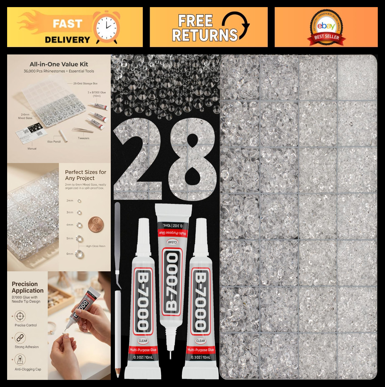 36,000 Clear Rhinestones for Crafting - Multi-Size Flatback Crystals & Tools Kit