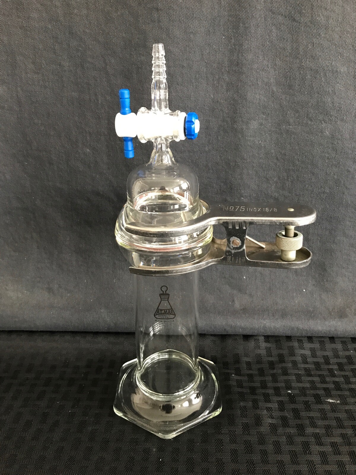 ALDRICH AT-MAR Glass Impinger w/ 4mm PTFE Stopcock #75 Clamp & O-Ring Hex Base