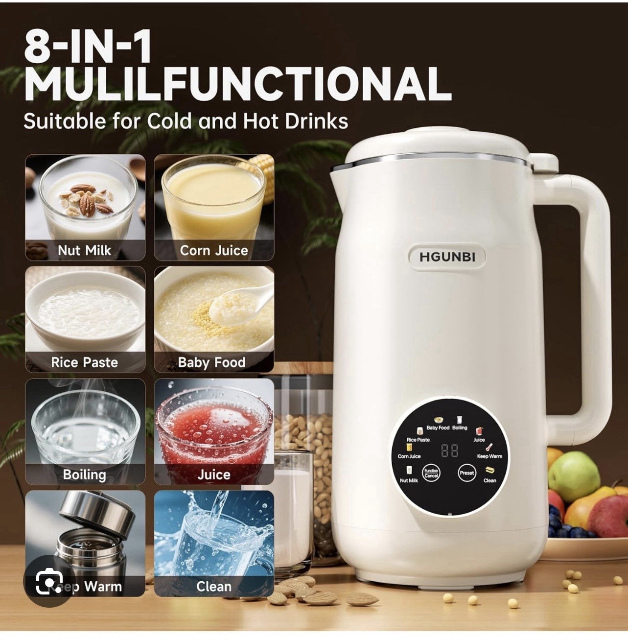 HGUNBI Nut Milk Maker White Stainless Steel