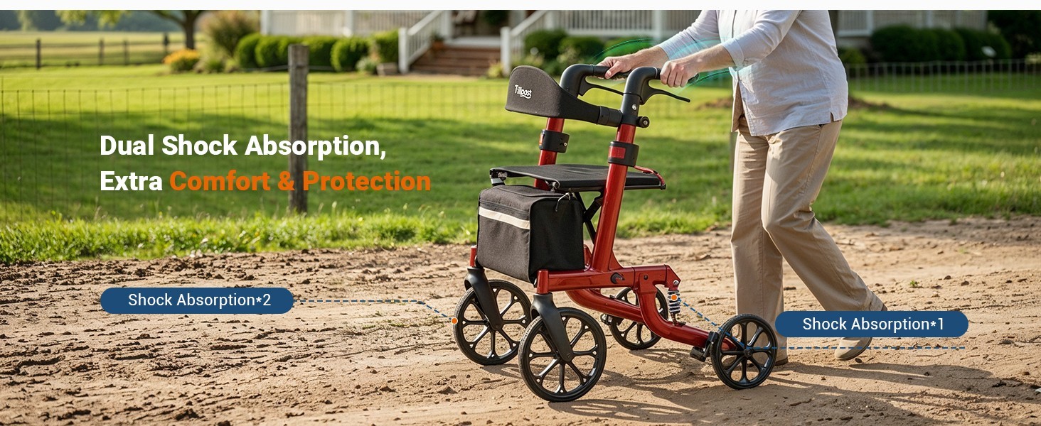 Lightweight Folding Rollator Walker with Seat for Seniors Adjustable Height350lb