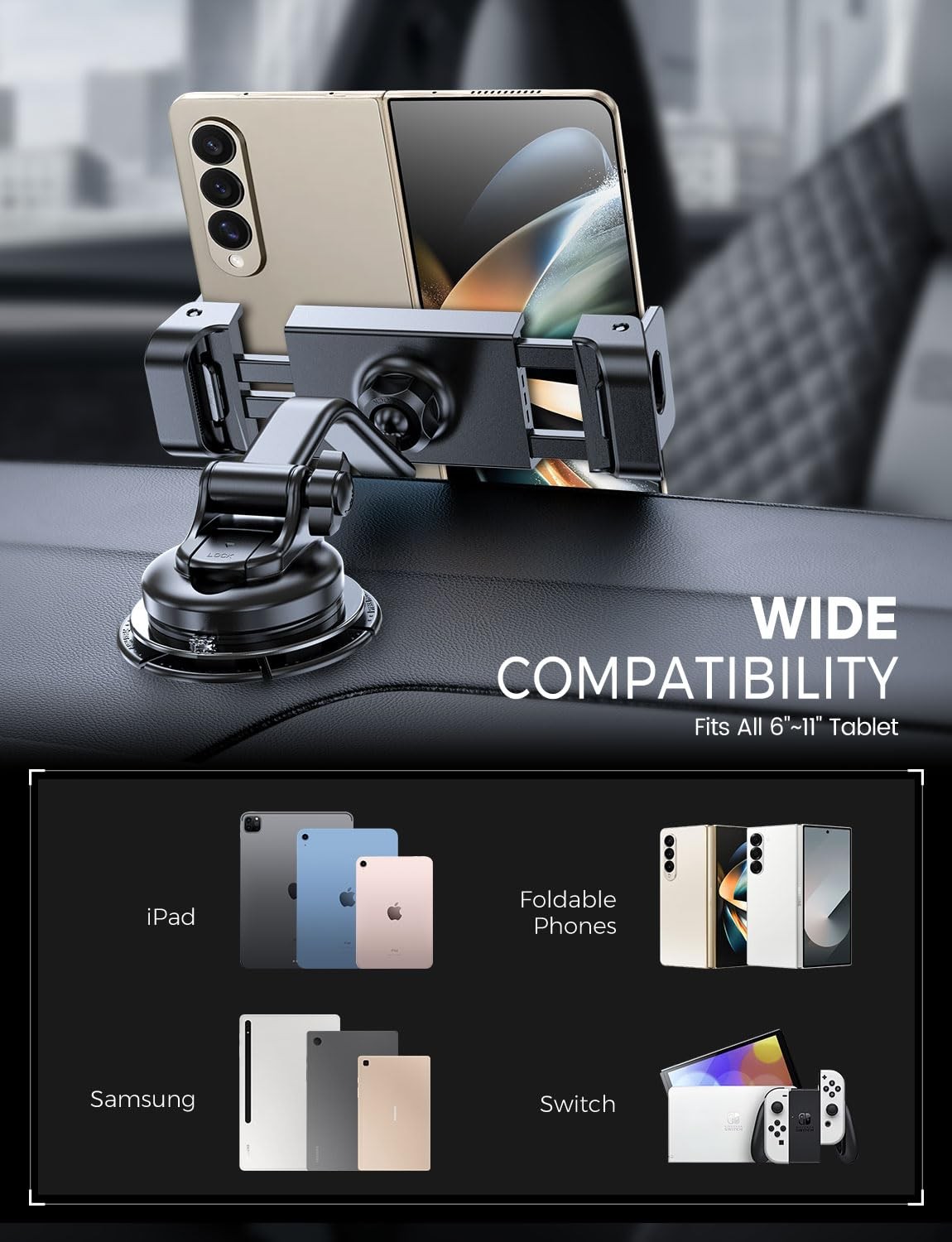 Car Tablet Mount Holder Windshield Dashboard Suction 611 Inch Foldable Phone