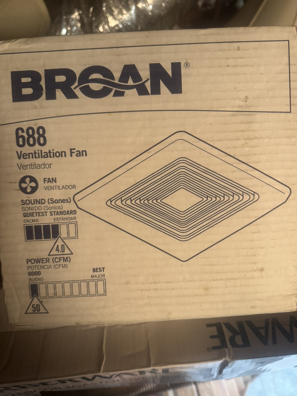 Broan 688 Ceiling and Wall Mount Fan 50 CFM 4.0 Sones White Plastic Grille...