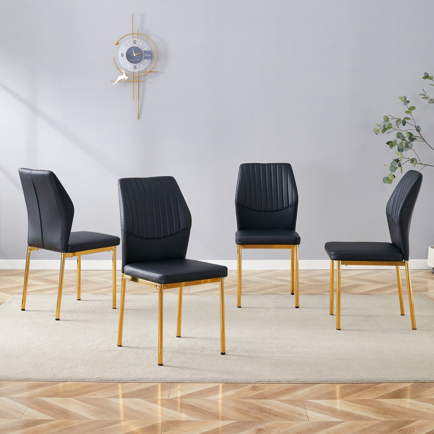 Set of 4 Black PU Leather Upholstered Kitchen Dining Chairs w/ Metal Gold Legs