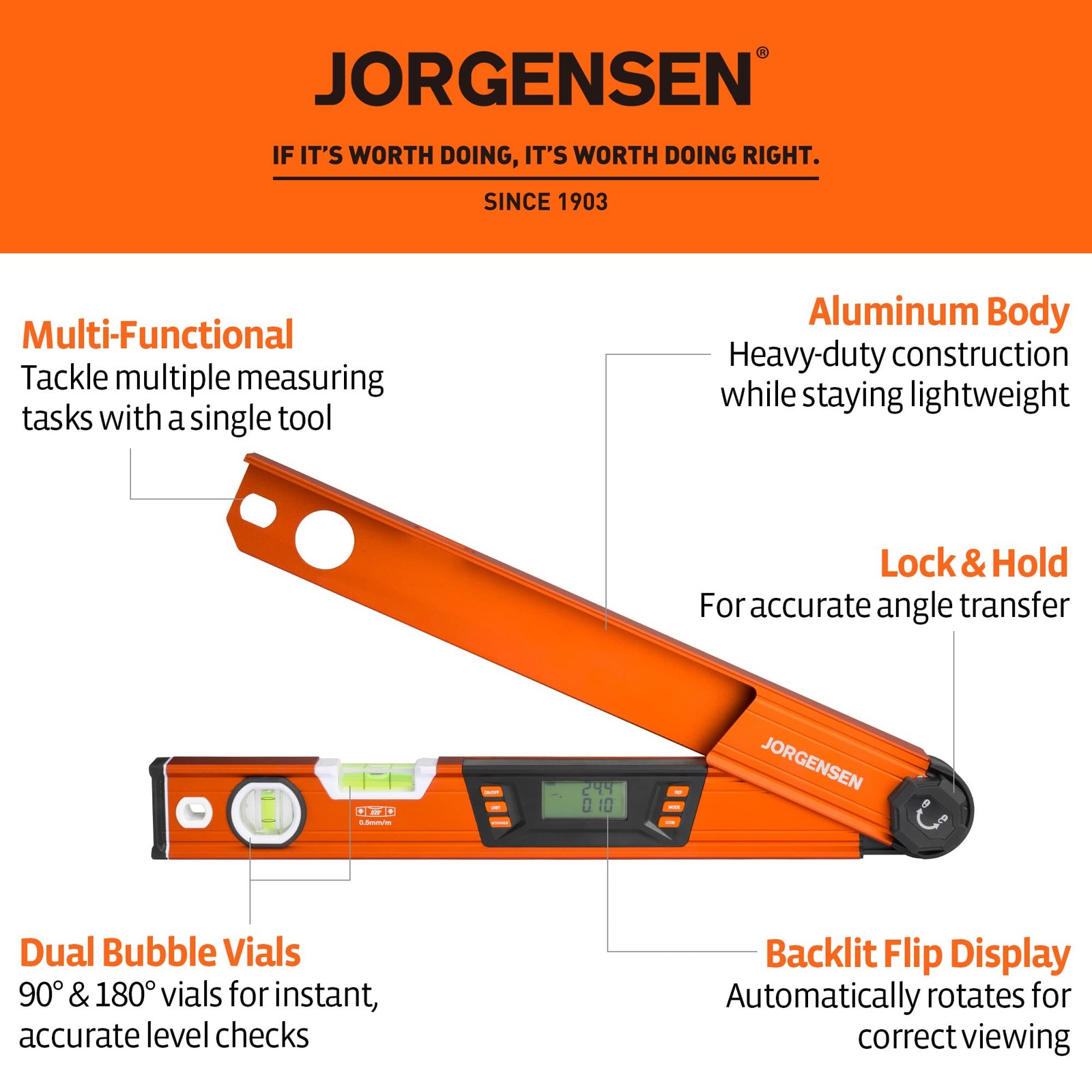 JORGENSEN Digital Angle Finder, Protractor Digital Level
