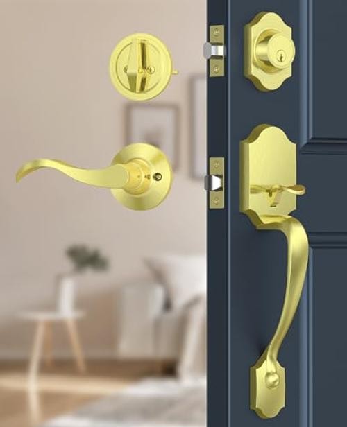 Front Door Lock Set, Keyed Entry Door Handle with Brushed Gold Classic