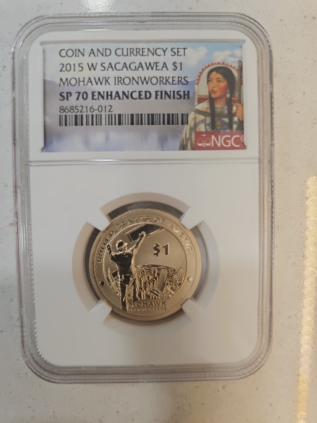 SP70 2015 W $1 Sacagawea MOHAWK IRONWORKERS Dollar NGC Enhanced Fin