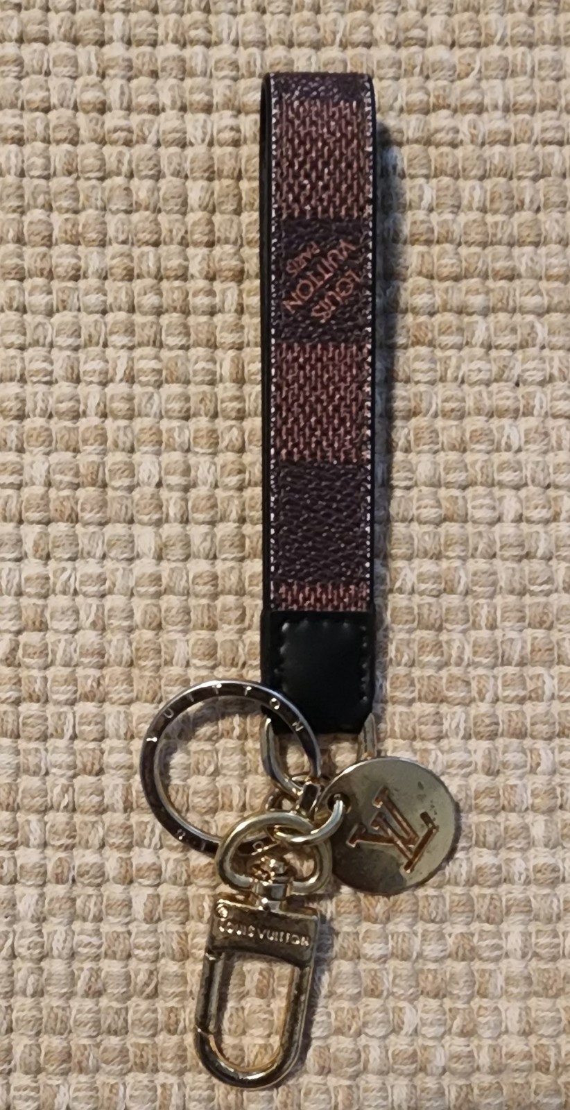 Louis Vuitton Gold Metal Logo Key Chain   w/ Clasp and leather strap