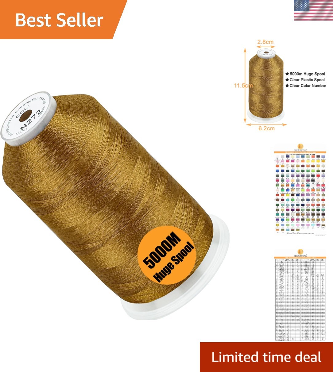 Versatile Old Gold Polyester Thread 5000M, 40WT for Creative Embroidery Projects