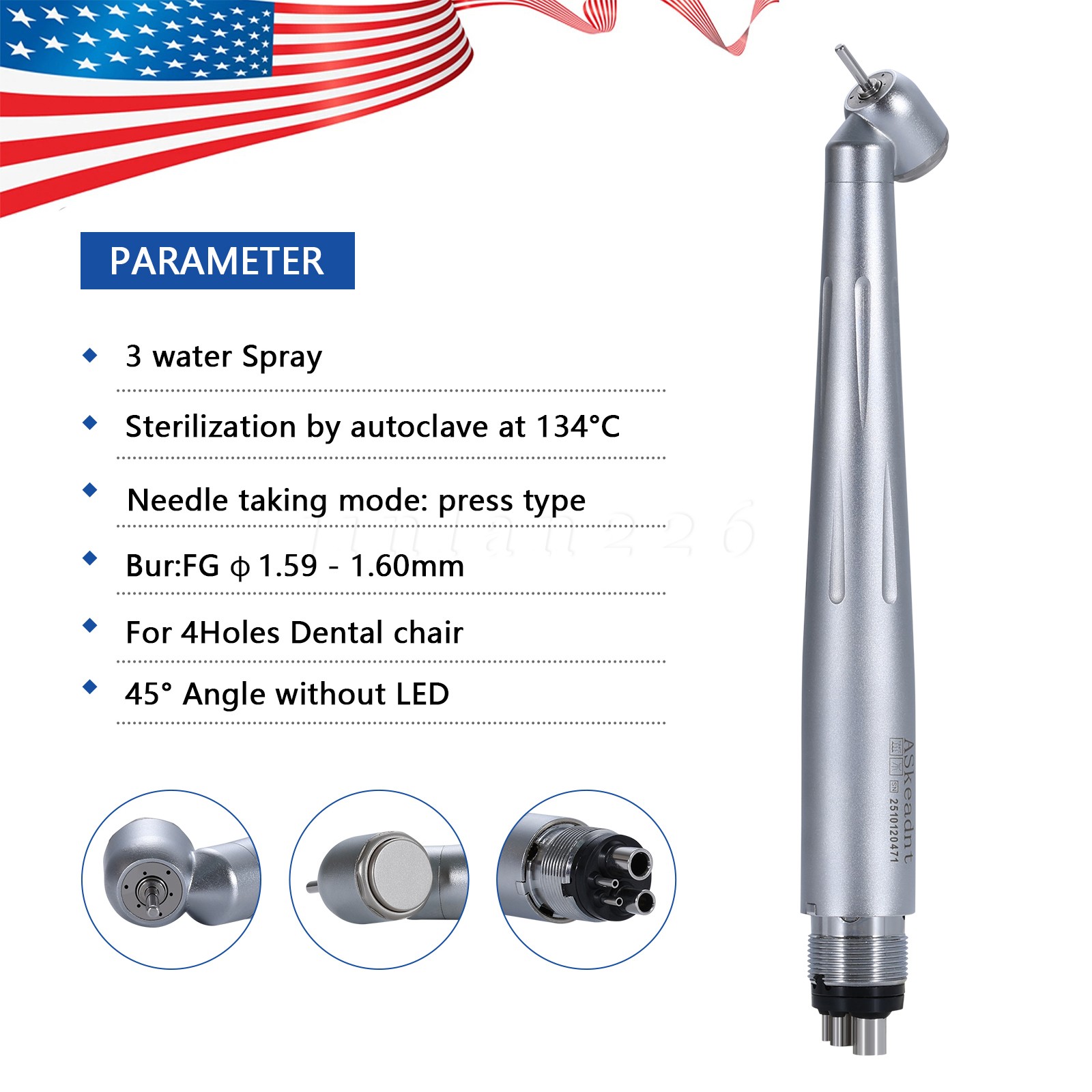 Dental Handpiece High Speed Push Button STANDARD 45° HEAD 4-Hole