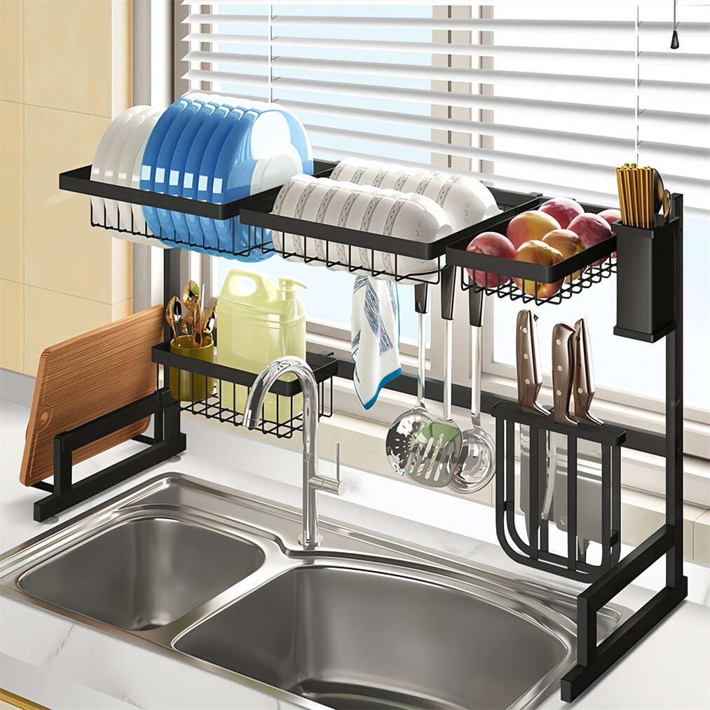 2 Tier Dish Drying Rack Stainless Steel Plates Holder Over The Sink for Kitchen