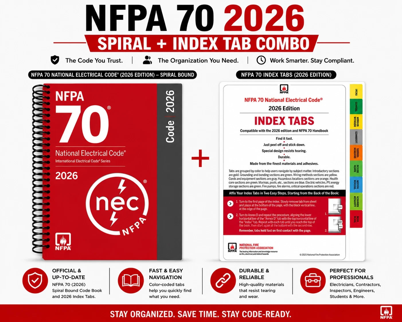NFPA 70 NEC 2026 Spiral Code Book + 2026 Index Tabs Official Combo Set