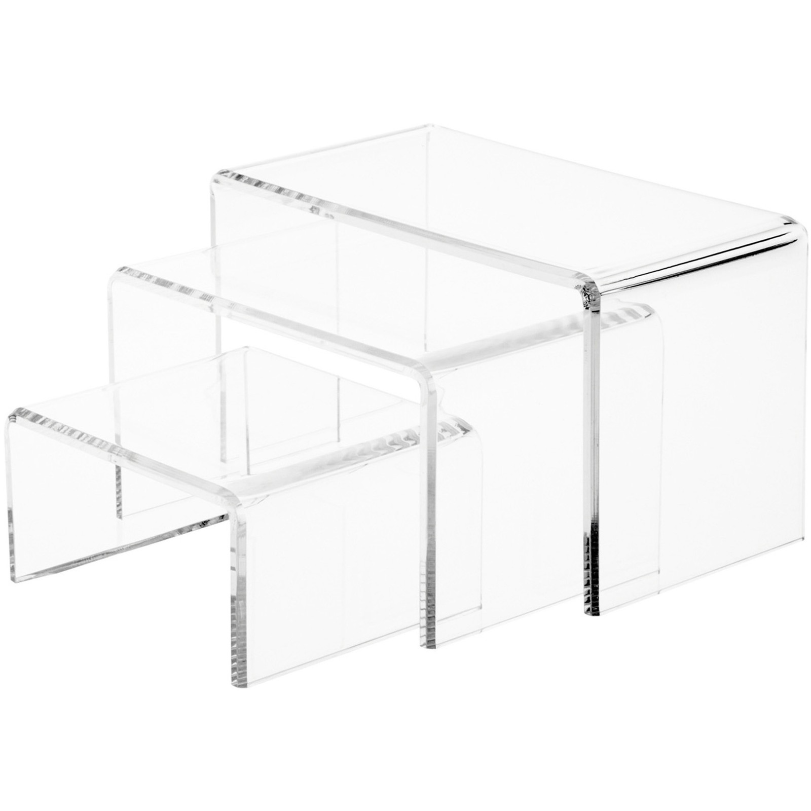 Plymor Clear Acrylic Beveled Rectangular Display Risers, 4" Assortment, Set of 3
