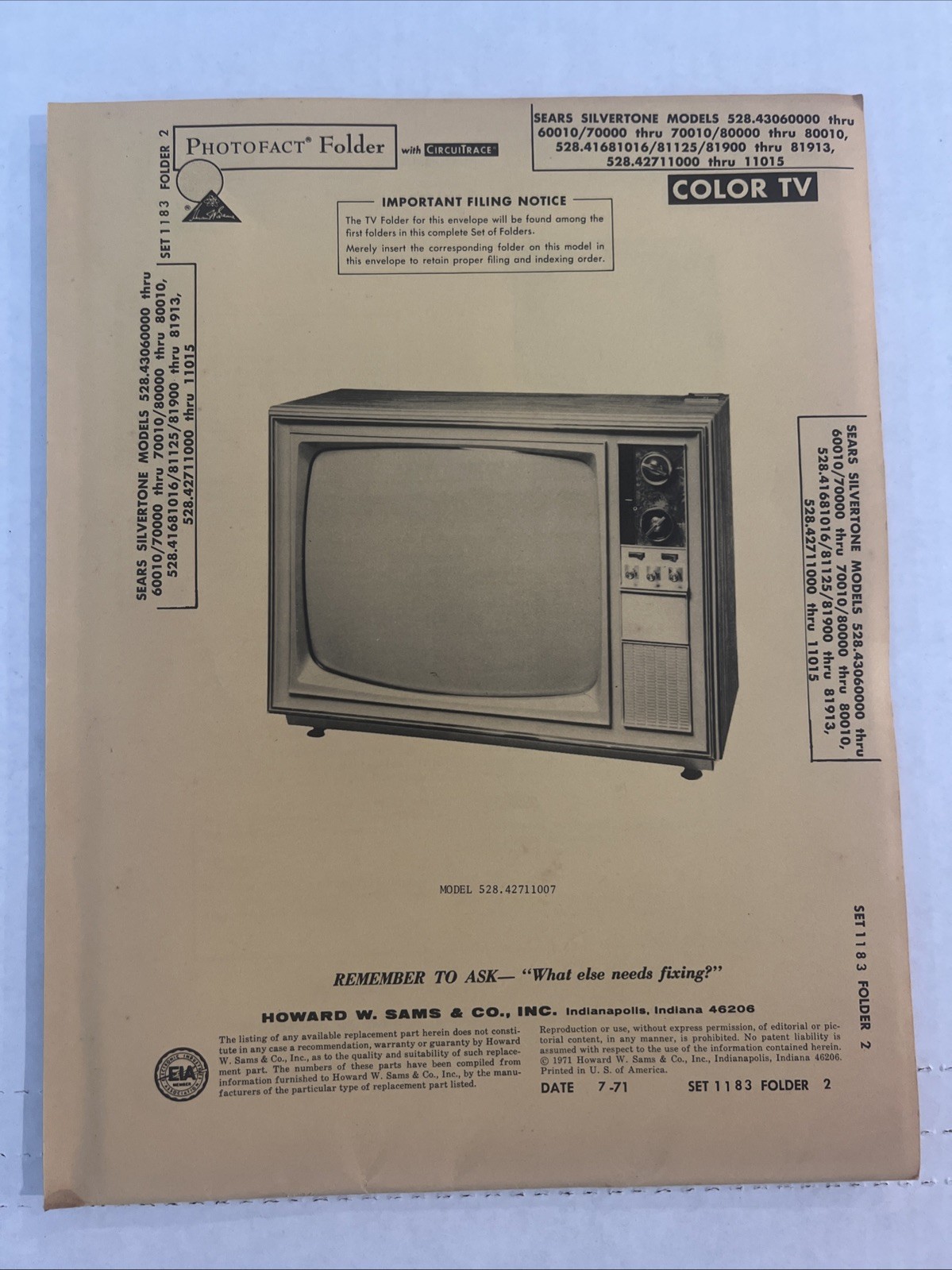 Vintage Sams Photofact Schematic 7-1971 SEARS SILVERTONE MODELS 528.43060000