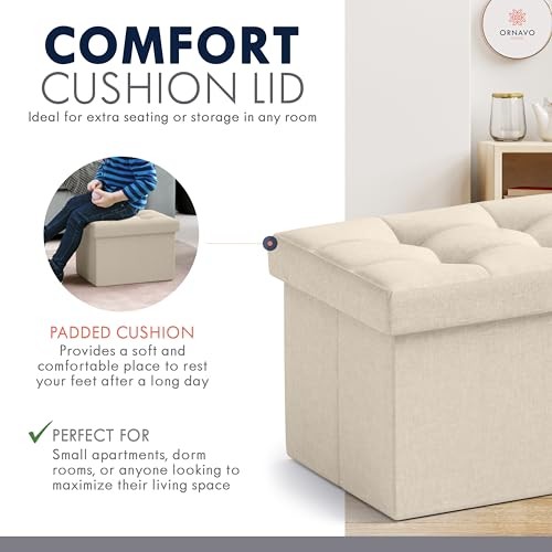 Small Storage Ottoman, Set of Foldable Collapsible Rectangle Linen 2 Beige