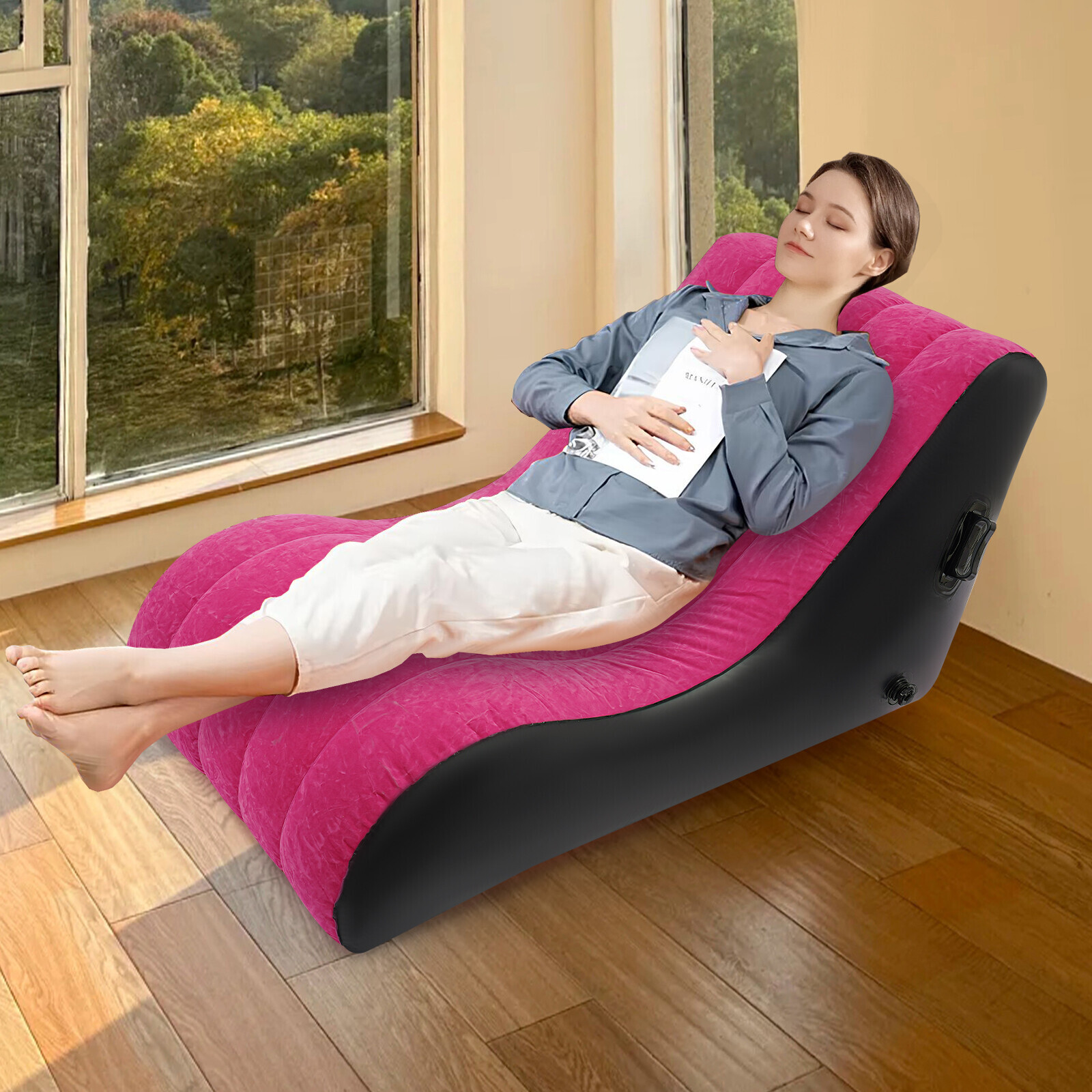 Rose-red PVC Sofa Bed Inflatable Sofa Bed S-shaped Folding Sofa Bed w/Air Pump