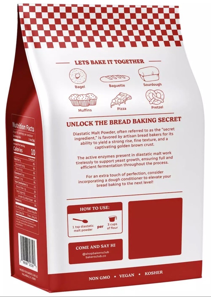 10oz Diastatic Malt Powder - Enhance Flavor, Crust, Rise, Texture Bakers Club